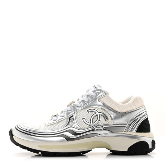 Chanel Fabric Laminated Calfskin Stretch CC Sneakers 'WHITE SILVER'
