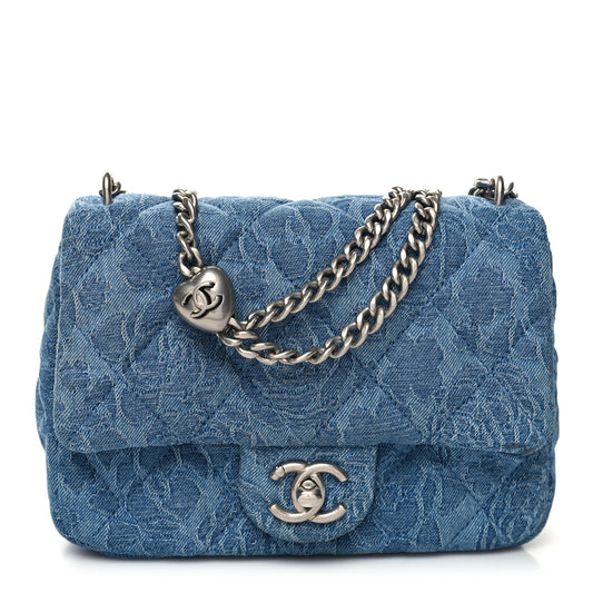 Chanel Denim Quilted Camellia Sweetheart Mini Flap 'BLUE'