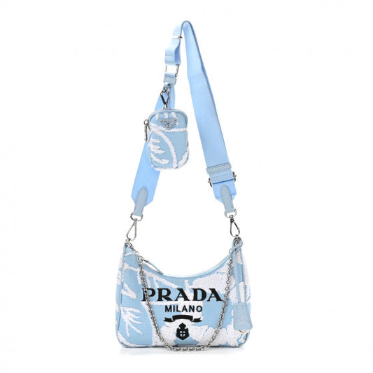 Prada Nylon Embroidered Drill Re-Edition 2005 Shoulder Bag ‘SKY BLUE WHITE’