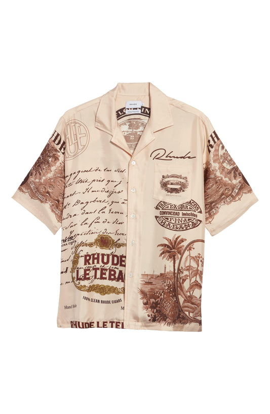 RHUDE Cigar Print Short Sleeve Silk Camp Shirt 'CREME/BROWN'
